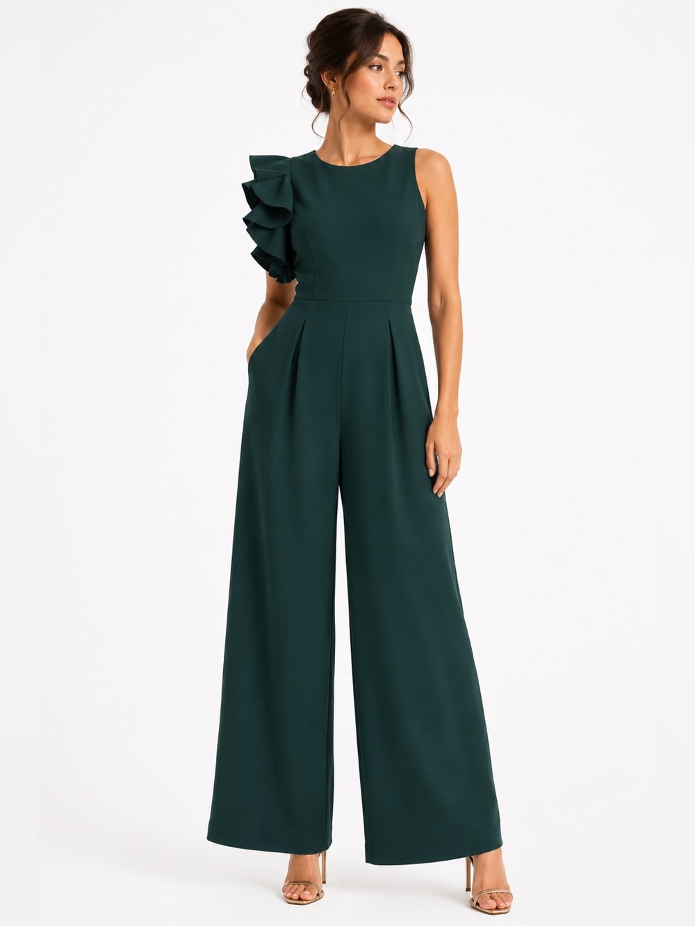 Julia Jordan Green Ruffle One Shoulder Jumpsuit Size 8